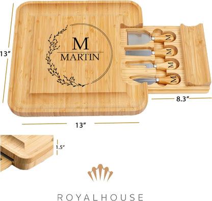 Bamboo Round Cheese Board and 4 Knives Set with Slide-Out Cutlery Drawer | Charcuterie Boards Set - House Warming Gifts New Home, Wedding Gifts for Couple, Bridal Shower Gifts