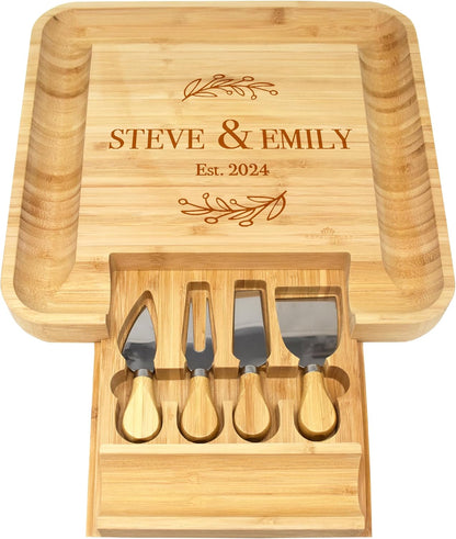 Bamboo Round Cheese Board and 4 Knives Set with Slide-Out Cutlery Drawer | Charcuterie Boards Set - House Warming Gifts New Home, Wedding Gifts for Couple, Bridal Shower Gifts