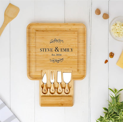 Bamboo Round Cheese Board and 4 Knives Set with Slide-Out Cutlery Drawer | Charcuterie Boards Set - House Warming Gifts New Home, Wedding Gifts for Couple, Bridal Shower Gifts