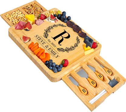 Bamboo Round Cheese Board and 4 Knives Set with Slide-Out Cutlery Drawer | Charcuterie Boards Set - House Warming Gifts New Home, Wedding Gifts for Couple, Bridal Shower Gifts