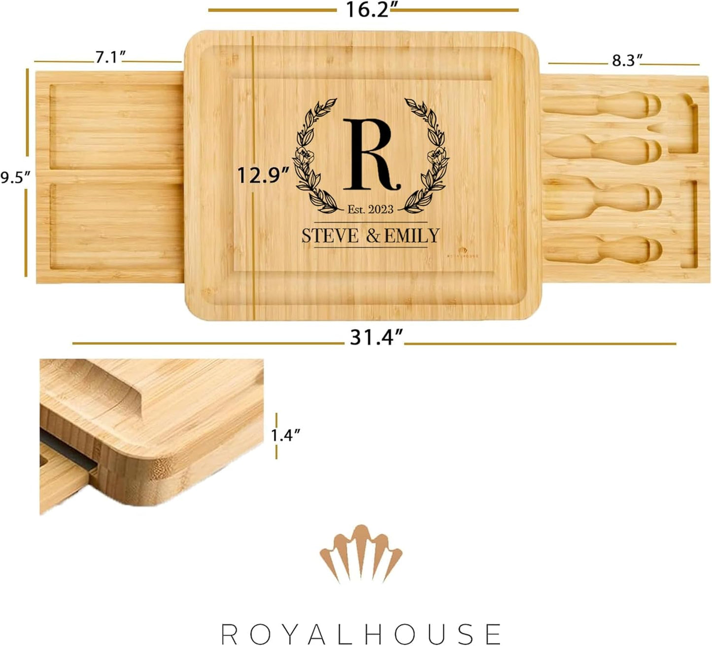 Bamboo Round Cheese Board and 4 Knives Set with Slide-Out Cutlery Drawer | Charcuterie Boards Set - House Warming Gifts New Home, Wedding Gifts for Couple, Bridal Shower Gifts