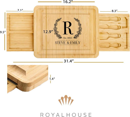 Bamboo Round Cheese Board and 4 Knives Set with Slide-Out Cutlery Drawer | Charcuterie Boards Set - House Warming Gifts New Home, Wedding Gifts for Couple, Bridal Shower Gifts