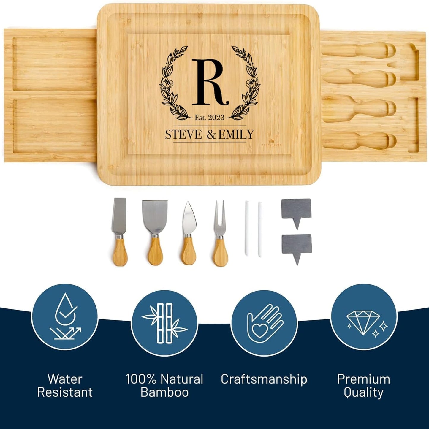 Bamboo Round Cheese Board and 4 Knives Set with Slide-Out Cutlery Drawer | Charcuterie Boards Set - House Warming Gifts New Home, Wedding Gifts for Couple, Bridal Shower Gifts