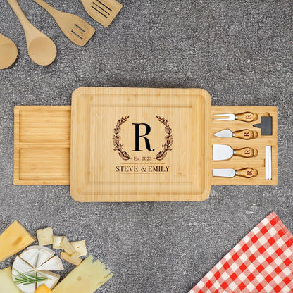 Bamboo Round Cheese Board and 4 Knives Set with Slide-Out Cutlery Drawer | Charcuterie Boards Set - House Warming Gifts New Home, Wedding Gifts for Couple, Bridal Shower Gifts