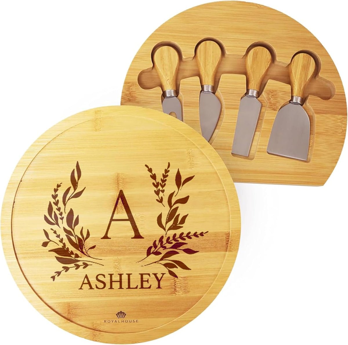 Bamboo Round Cheese Board and 4 Knives Set with Slide-Out Cutlery Drawer | Charcuterie Boards Set - House Warming Gifts New Home, Wedding Gifts for Couple, Bridal Shower Gifts