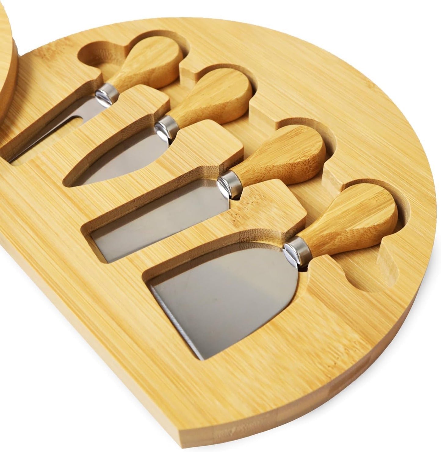 Bamboo Round Cheese Board and 4 Knives Set with Slide-Out Cutlery Drawer | Charcuterie Boards Set - House Warming Gifts New Home, Wedding Gifts for Couple, Bridal Shower Gifts