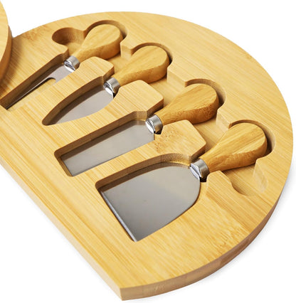 Bamboo Round Cheese Board and 4 Knives Set with Slide-Out Cutlery Drawer | Charcuterie Boards Set - House Warming Gifts New Home, Wedding Gifts for Couple, Bridal Shower Gifts