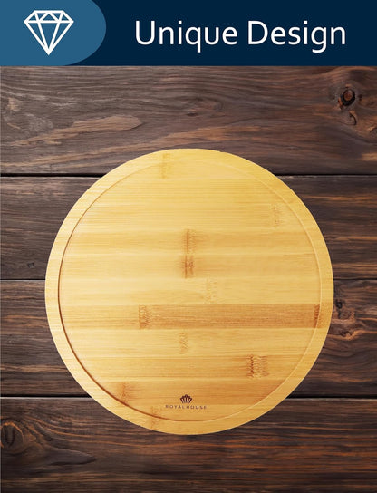 Bamboo Round Cheese Board and 4 Knives Set with Slide-Out Cutlery Drawer | Charcuterie Boards Set - House Warming Gifts New Home, Wedding Gifts for Couple, Bridal Shower Gifts
