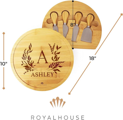 Bamboo Round Cheese Board and 4 Knives Set with Slide-Out Cutlery Drawer | Charcuterie Boards Set - House Warming Gifts New Home, Wedding Gifts for Couple, Bridal Shower Gifts