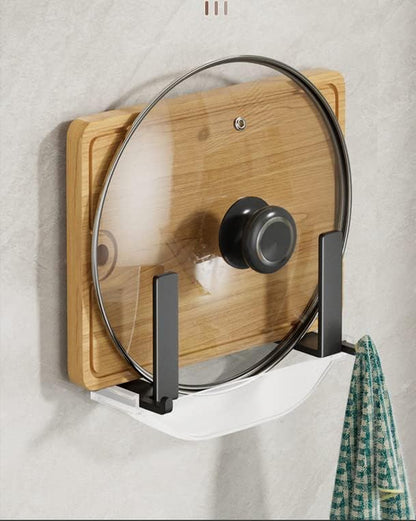 Wall Mounted Pot Lid Rack,Cutting Board Shelf | Adhesive Carbon Steel Pot Cover Storage Rack,with Drain Pan 2 Sets