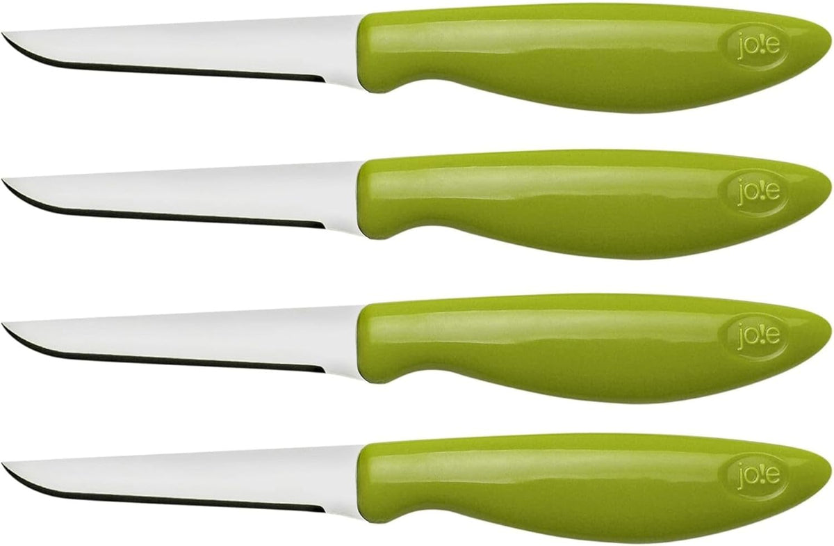 Joie Paring and Garnishing Knives, Set of 4, Stainless Steel, 2.75-Inch Tapered Blade for Maximum Precision, Ergonomic Handle, Colors May Vary