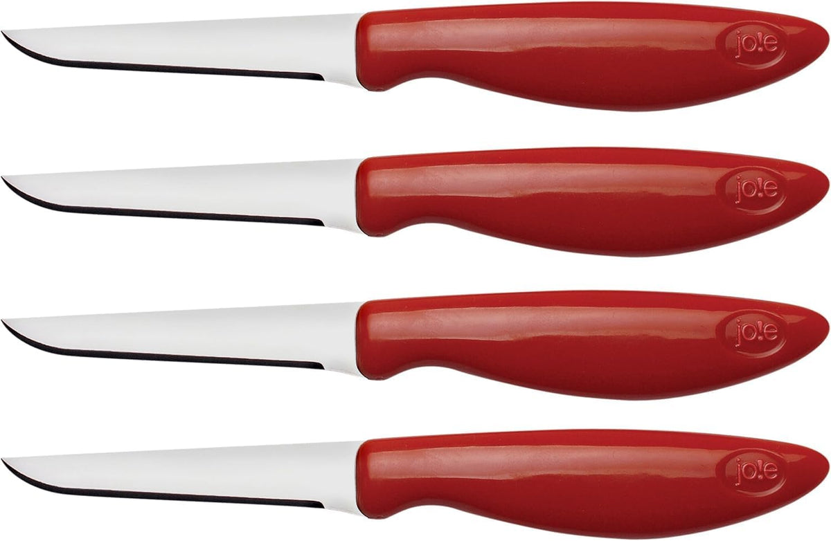 Joie Paring and Garnishing Knives, Set of 4, Stainless Steel, 2.75-Inch Tapered Blade for Maximum Precision, Ergonomic Handle, Colors May Vary