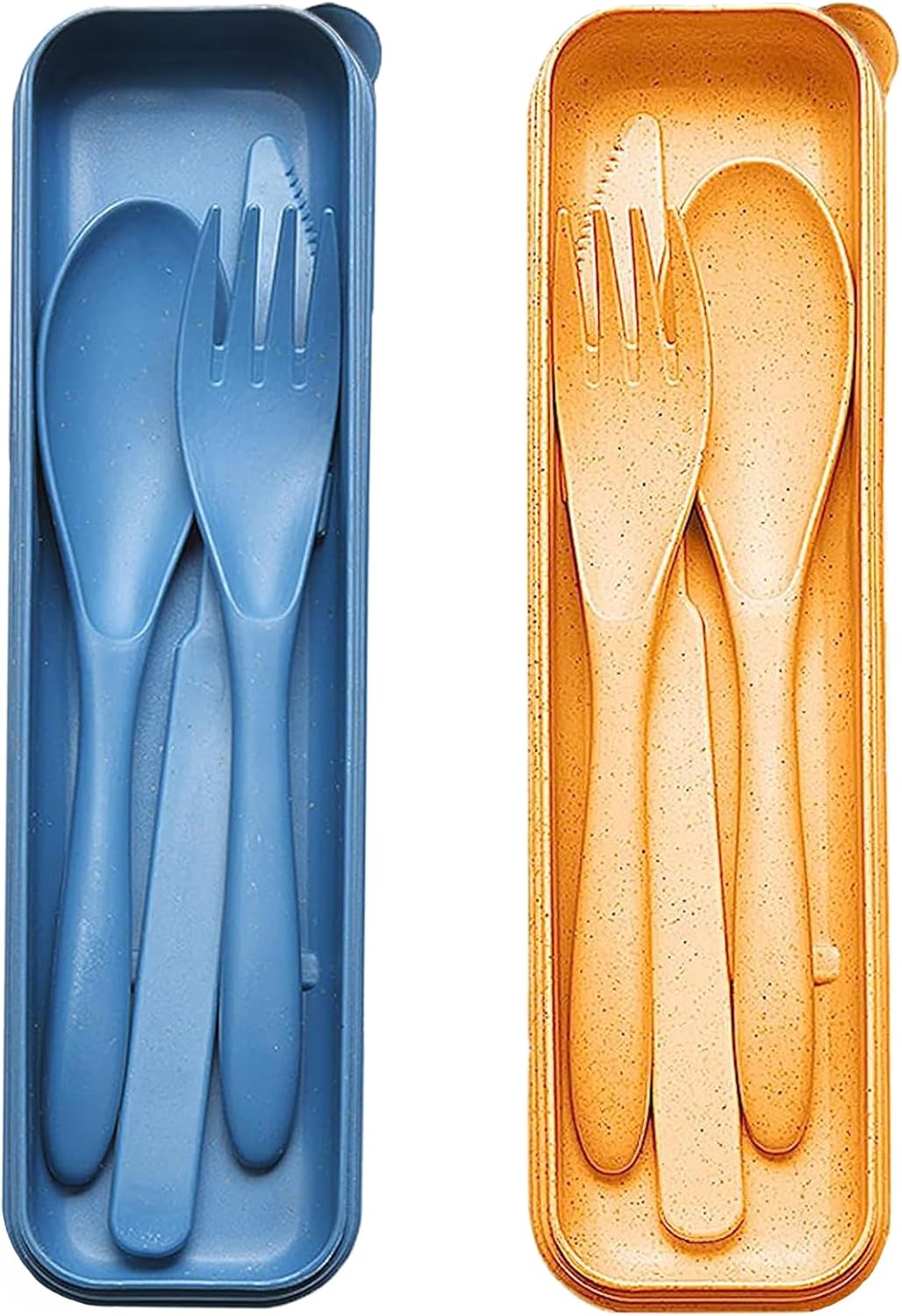 Reusable Travel Utensils Set with Case, 2 Sets Wheat Straw Portable Plastic Fork Spoons Knife Cutlery, Camping Eco-Friendly BPA Free Tableware for Kids Adults Work Picnic or Daily Use (Blue+Yellow)