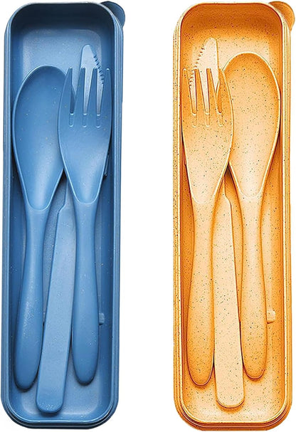 Reusable Travel Utensils Set with Case, 2 Sets Wheat Straw Portable Plastic Fork Spoons Knife Cutlery, Camping Eco-Friendly BPA Free Tableware for Kids Adults Work Picnic or Daily Use (Blue+Yellow)