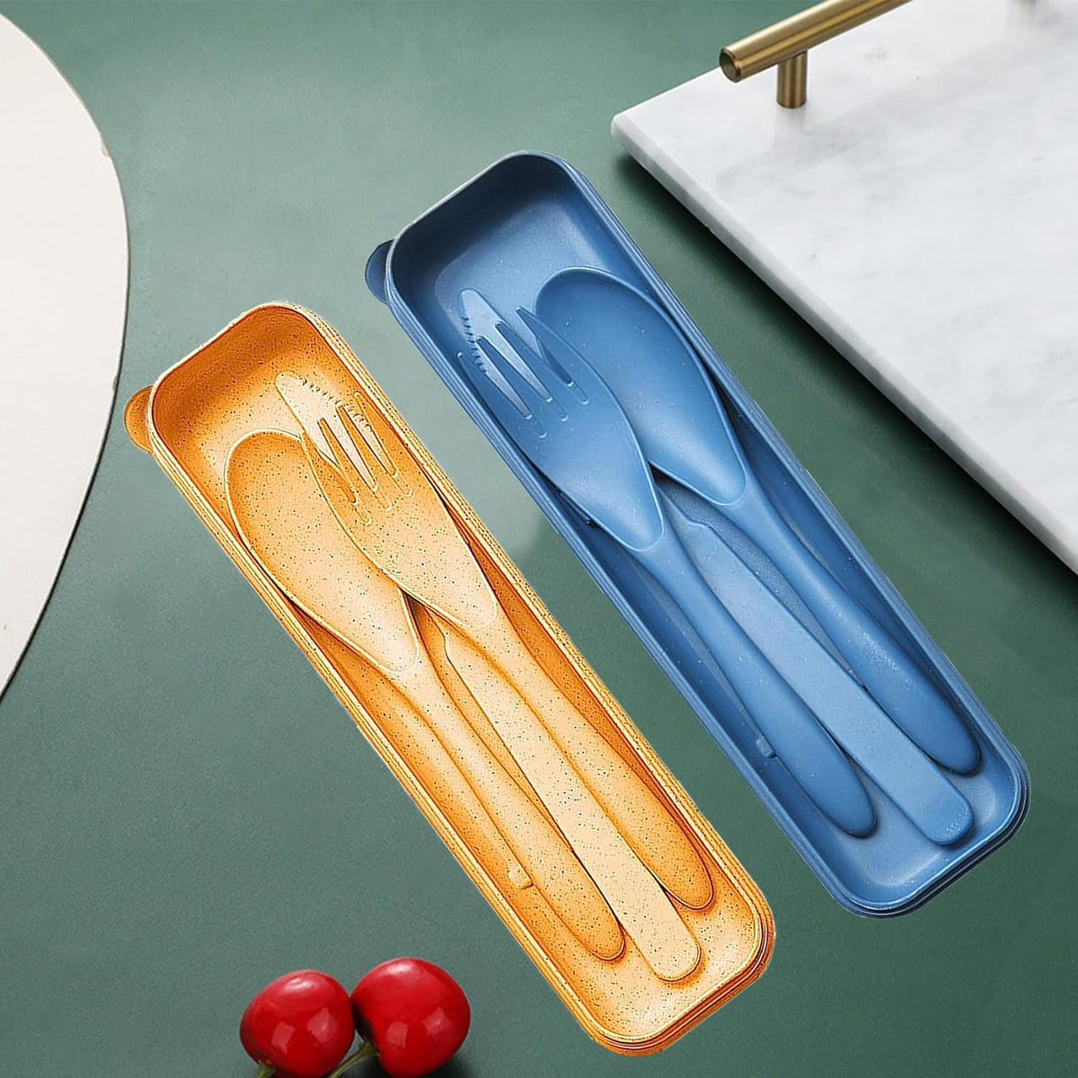 Reusable Travel Utensils Set with Case, 2 Sets Wheat Straw Portable Plastic Fork Spoons Knife Cutlery, Camping Eco-Friendly BPA Free Tableware for Kids Adults Work Picnic or Daily Use (Blue+Yellow)