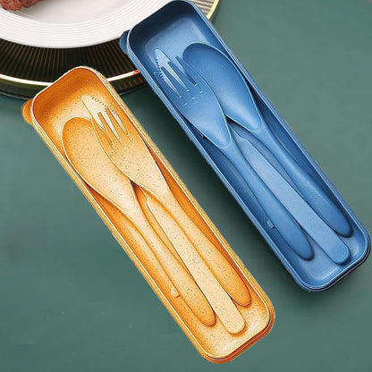 Reusable Travel Utensils Set with Case, 2 Sets Wheat Straw Portable Plastic Fork Spoons Knife Cutlery, Camping Eco-Friendly BPA Free Tableware for Kids Adults Work Picnic or Daily Use (Blue+Yellow)