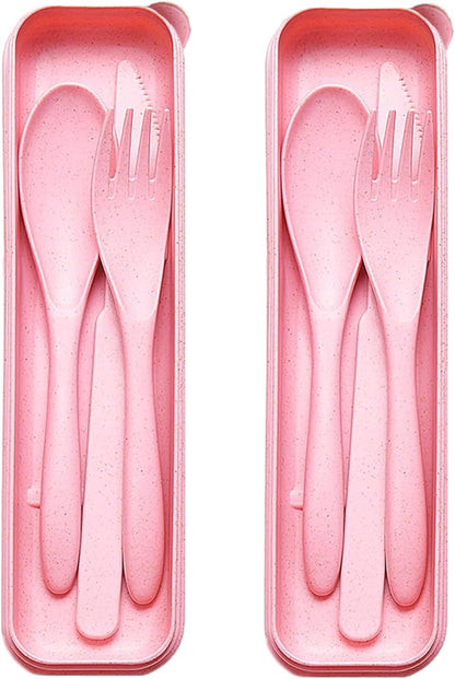 Reusable Travel Utensils Set with Case, 2 Sets Wheat Straw Portable Plastic Fork Spoons Knife Cutlery, Camping Eco-Friendly BPA Free Tableware for Kids Adults Work Picnic or Daily Use (Blue+Yellow)