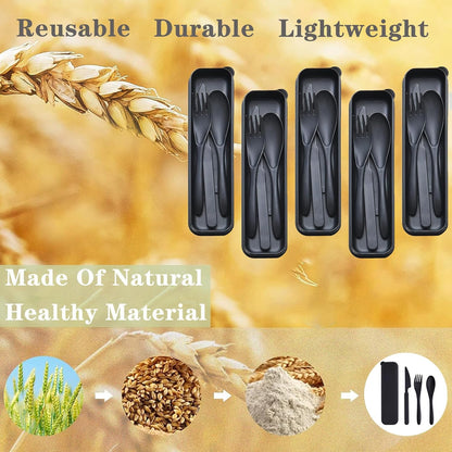 Reusable Travel Utensils Set with Case, 2 Sets Wheat Straw Portable Plastic Fork Spoons Knife Cutlery, Camping Eco-Friendly BPA Free Tableware for Kids Adults Work Picnic or Daily Use (Blue+Yellow)