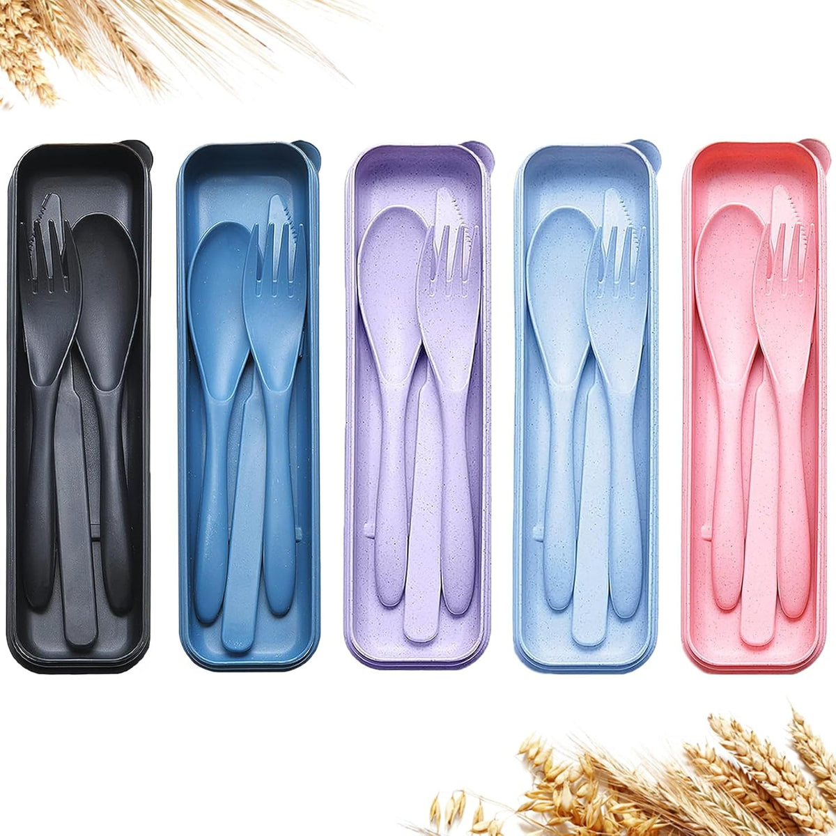 Reusable Travel Utensils Set with Case, 2 Sets Wheat Straw Portable Plastic Fork Spoons Knife Cutlery, Camping Eco-Friendly BPA Free Tableware for Kids Adults Work Picnic or Daily Use (Blue+Yellow)