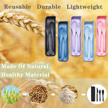 Reusable Travel Utensils Set with Case, 2 Sets Wheat Straw Portable Plastic Fork Spoons Knife Cutlery, Camping Eco-Friendly BPA Free Tableware for Kids Adults Work Picnic or Daily Use (Blue+Yellow)