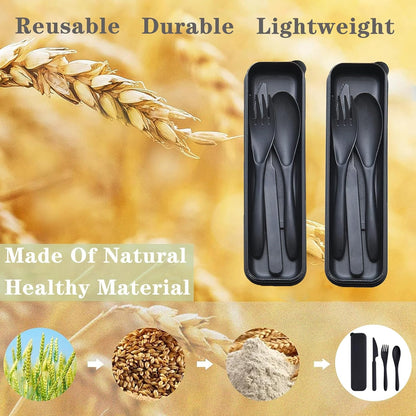Reusable Travel Utensils Set with Case, 2 Sets Wheat Straw Portable Plastic Fork Spoons Knife Cutlery, Camping Eco-Friendly BPA Free Tableware for Kids Adults Work Picnic or Daily Use (Blue+Yellow)
