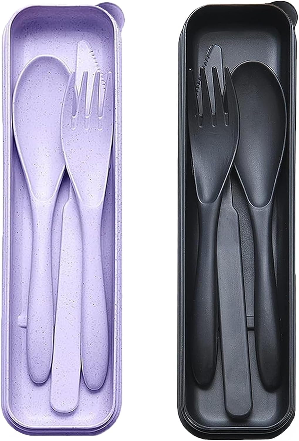 Reusable Travel Utensils Set with Case, 2 Sets Wheat Straw Portable Plastic Fork Spoons Knife Cutlery, Camping Eco-Friendly BPA Free Tableware for Kids Adults Work Picnic or Daily Use (Blue+Yellow)