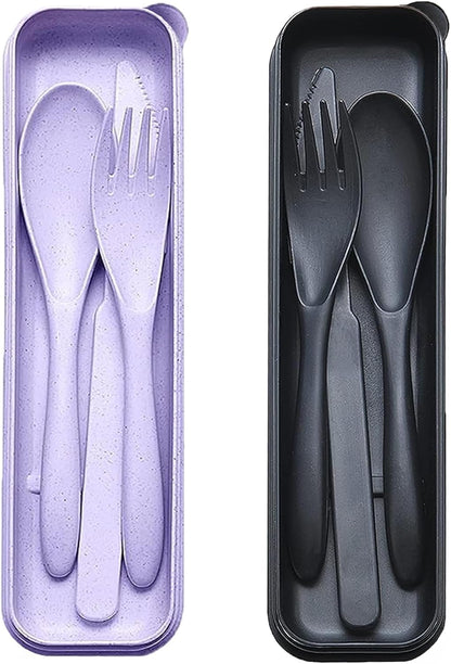 Reusable Travel Utensils Set with Case, 2 Sets Wheat Straw Portable Plastic Fork Spoons Knife Cutlery, Camping Eco-Friendly BPA Free Tableware for Kids Adults Work Picnic or Daily Use (Blue+Yellow)