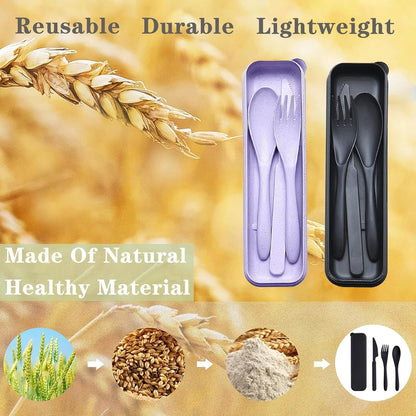 Reusable Travel Utensils Set with Case, 2 Sets Wheat Straw Portable Plastic Fork Spoons Knife Cutlery, Camping Eco-Friendly BPA Free Tableware for Kids Adults Work Picnic or Daily Use (Blue+Yellow)