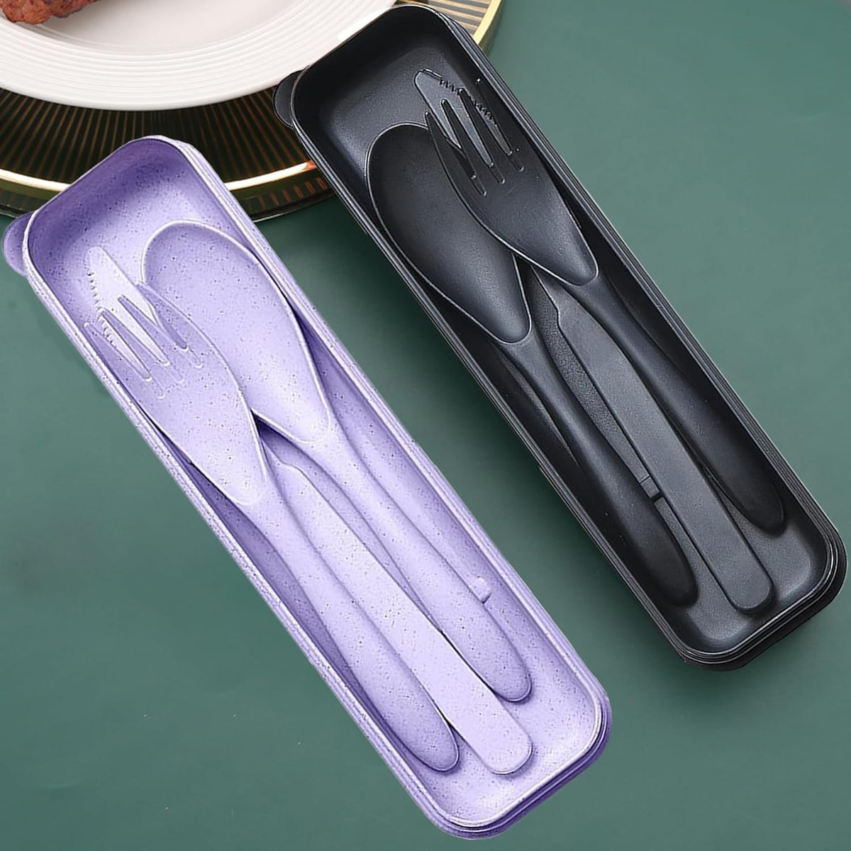 Reusable Travel Utensils Set with Case, 2 Sets Wheat Straw Portable Plastic Fork Spoons Knife Cutlery, Camping Eco-Friendly BPA Free Tableware for Kids Adults Work Picnic or Daily Use (Blue+Yellow)