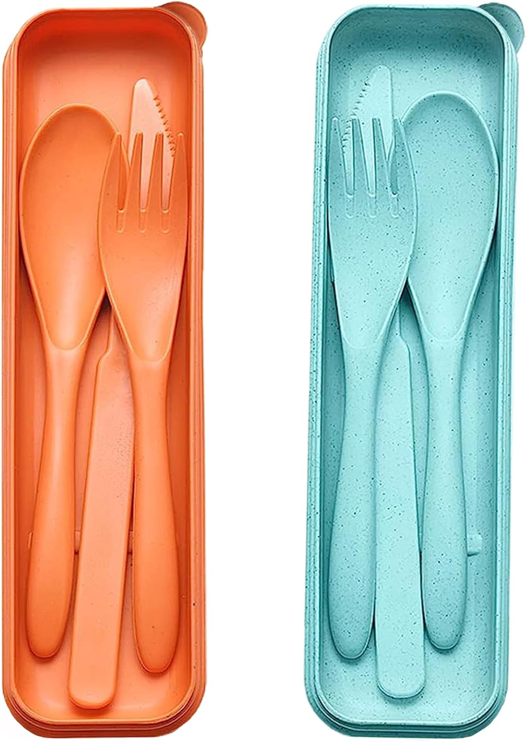 Reusable Travel Utensils Set with Case, 2 Sets Wheat Straw Portable Plastic Fork Spoons Knife Cutlery, Camping Eco-Friendly BPA Free Tableware for Kids Adults Work Picnic or Daily Use (Blue+Yellow)