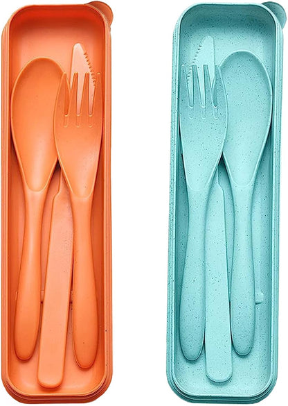 Reusable Travel Utensils Set with Case, 2 Sets Wheat Straw Portable Plastic Fork Spoons Knife Cutlery, Camping Eco-Friendly BPA Free Tableware for Kids Adults Work Picnic or Daily Use (Blue+Yellow)