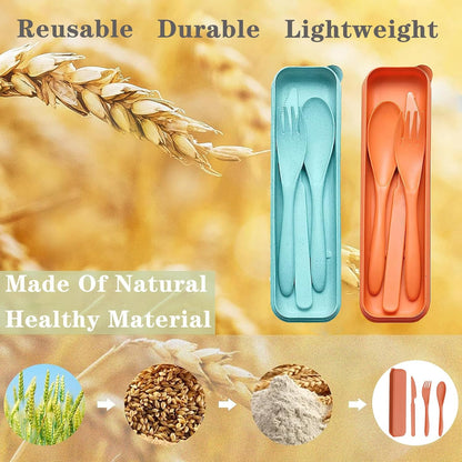 Reusable Travel Utensils Set with Case, 2 Sets Wheat Straw Portable Plastic Fork Spoons Knife Cutlery, Camping Eco-Friendly BPA Free Tableware for Kids Adults Work Picnic or Daily Use (Blue+Yellow)