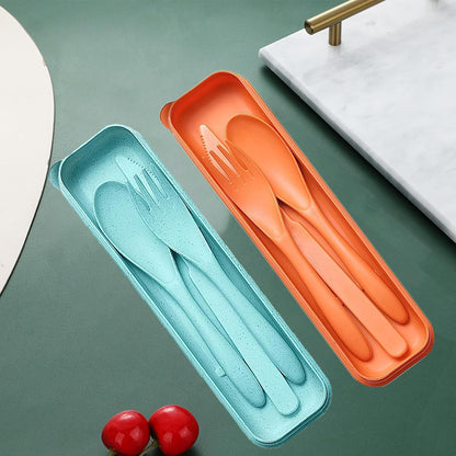 Reusable Travel Utensils Set with Case, 2 Sets Wheat Straw Portable Plastic Fork Spoons Knife Cutlery, Camping Eco-Friendly BPA Free Tableware for Kids Adults Work Picnic or Daily Use (Blue+Yellow)
