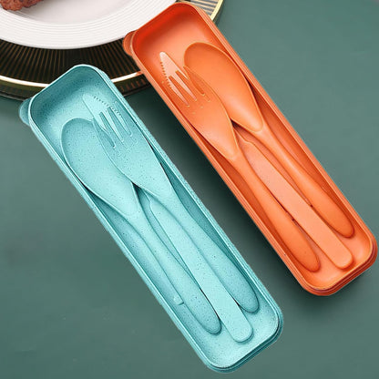 Reusable Travel Utensils Set with Case, 2 Sets Wheat Straw Portable Plastic Fork Spoons Knife Cutlery, Camping Eco-Friendly BPA Free Tableware for Kids Adults Work Picnic or Daily Use (Blue+Yellow)