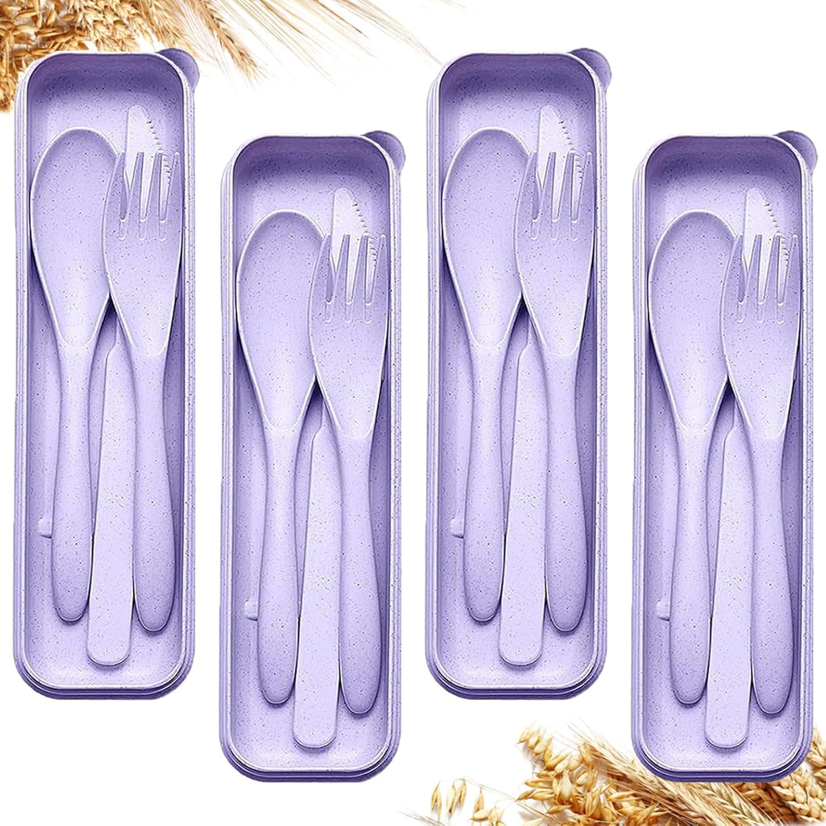 Reusable Travel Utensils Set with Case, 2 Sets Wheat Straw Portable Plastic Fork Spoons Knife Cutlery, Camping Eco-Friendly BPA Free Tableware for Kids Adults Work Picnic or Daily Use (Blue+Yellow)