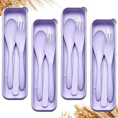 Reusable Travel Utensils Set with Case, 2 Sets Wheat Straw Portable Plastic Fork Spoons Knife Cutlery, Camping Eco-Friendly BPA Free Tableware for Kids Adults Work Picnic or Daily Use (Blue+Yellow)