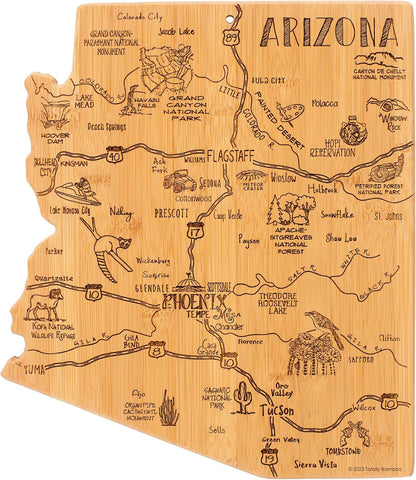 Destination Arizona State Shaped Cutting Board | State charcuterie serving board with engraved map artwork. Smooth reverse side for food prep. Hang tie for wall display.