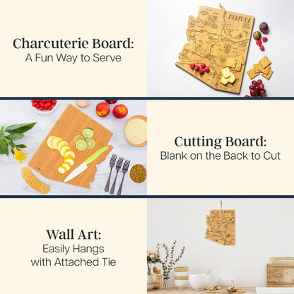 Destination Arizona State Shaped Cutting Board | State charcuterie serving board with engraved map artwork. Smooth reverse side for food prep. Hang tie for wall display.