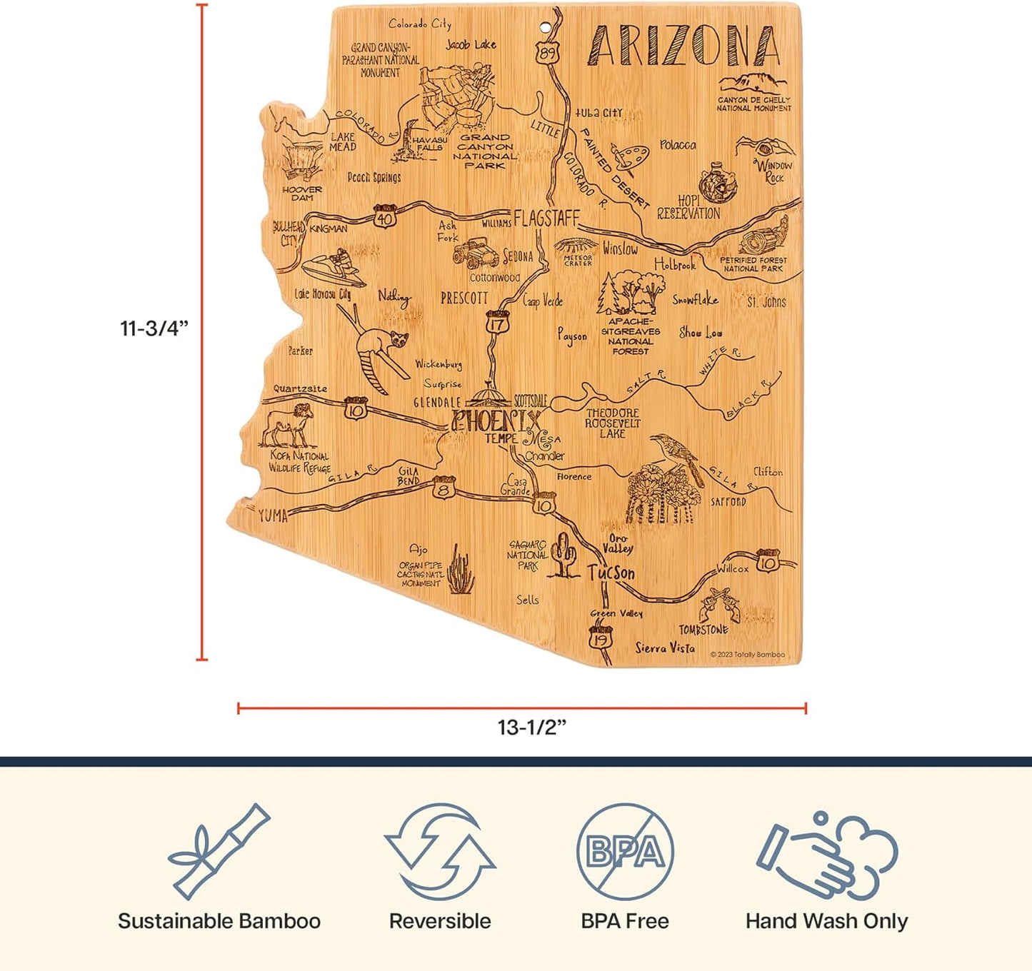 Destination Arizona State Shaped Cutting Board | State charcuterie serving board with engraved map artwork. Smooth reverse side for food prep. Hang tie for wall display.