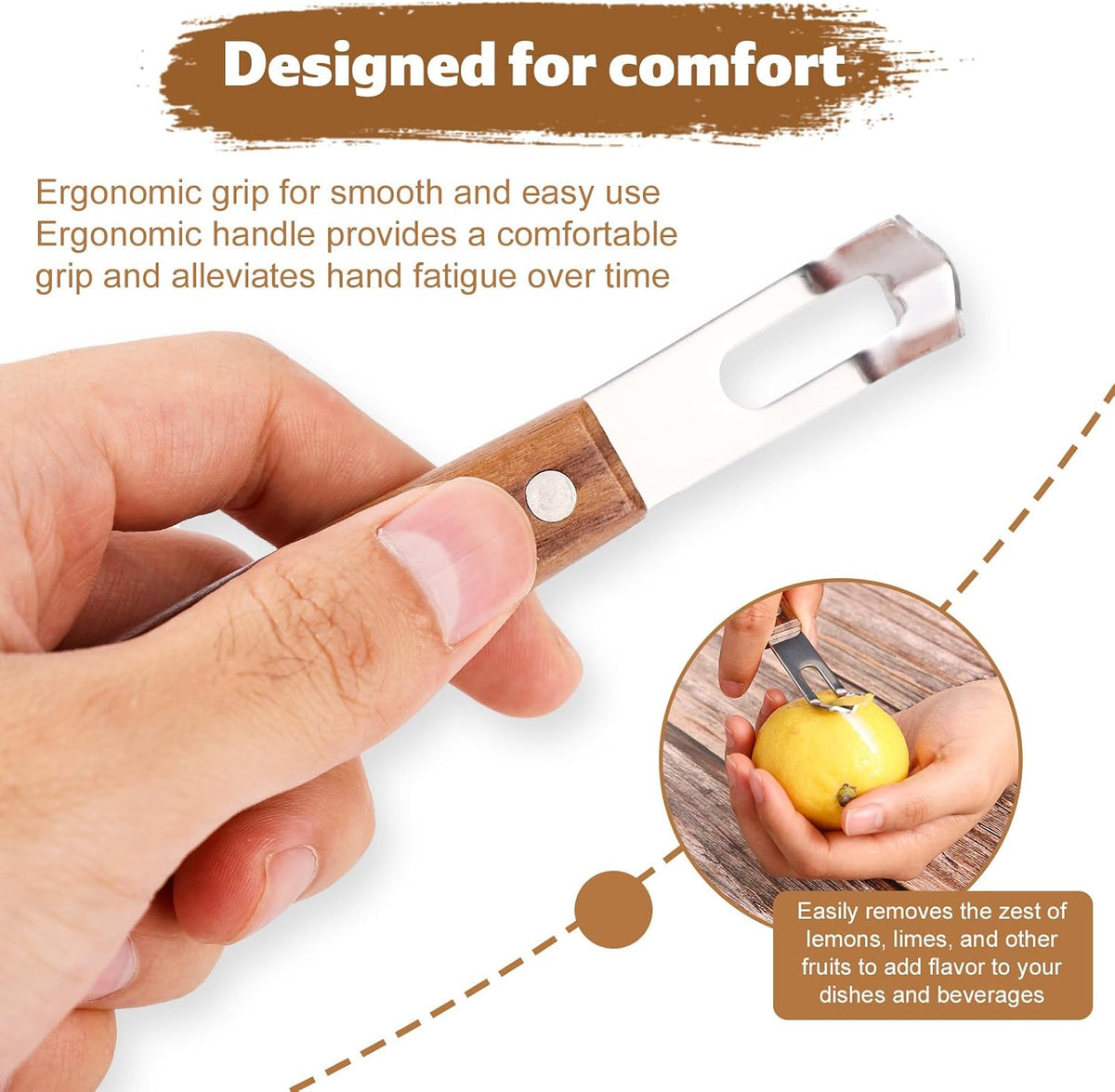 2pcs Lemon Zester Channel Knife, 5.5x0.8in Stainless Steel Wood Citrus Cocktails Peeler Tool Effortless Channel Knife Practical Fruit Peeler Tool for Pomelo Lime Grapefruit Orange Lemon