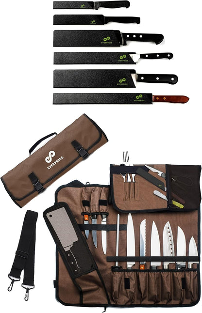 Chef Knife Roll PLUS Knife Guard Set (6-Piece Set) Bundle – Knife Bag Holds 10 Knives, Meat Cleaver and Kitchen Tools – Felt-Lined and BPA Free Knife Sheath Set – Knives Not Included