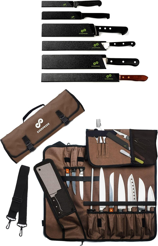 Chef Knife Roll PLUS Knife Guard Set (6-Piece Set) Bundle – Knife Bag Holds 10 Knives, Meat Cleaver and Kitchen Tools – Felt-Lined and BPA Free Knife Sheath Set – Knives Not Included