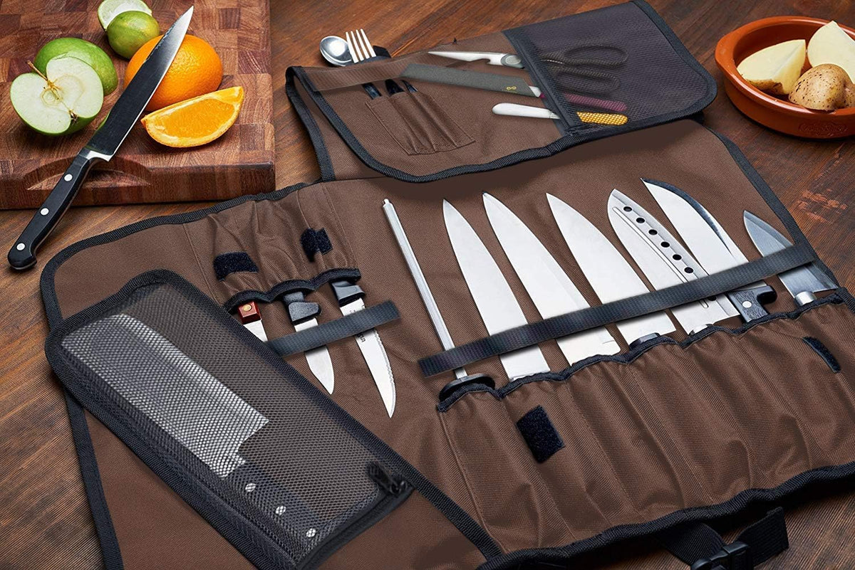 Chef Knife Roll PLUS Knife Guard Set (6-Piece Set) Bundle – Knife Bag Holds 10 Knives, Meat Cleaver and Kitchen Tools – Felt-Lined and BPA Free Knife Sheath Set – Knives Not Included
