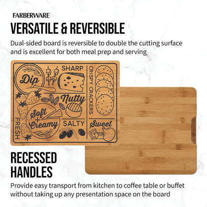 Bamboo Cutting Board 11x14 Inch with Charcuterie Pattern - Reversible Kitchen Cutting Board for Chopping, Slicing, Cheese and Meat Serving Board with Recessed Handles