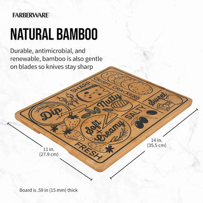 Bamboo Cutting Board 11x14 Inch with Charcuterie Pattern - Reversible Kitchen Cutting Board for Chopping, Slicing, Cheese and Meat Serving Board with Recessed Handles