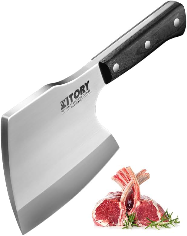 Meat Cleaver, Super Massive Heavy Duty Axe shape Kitchen Knife for Big Bones Beef Bones and Frozen Meat, bones breaker, Full Tang Butcher Knife, Black Wooden Handle