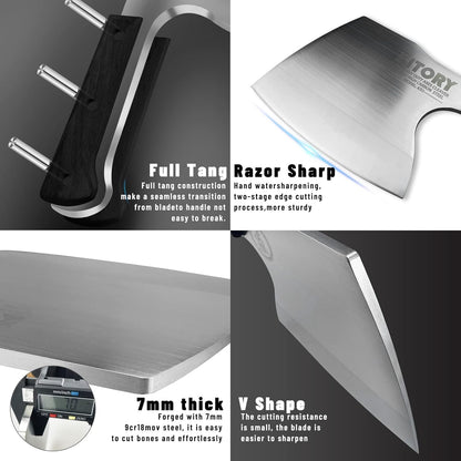Meat Cleaver, Super Massive Heavy Duty Axe shape Kitchen Knife for Big Bones Beef Bones and Frozen Meat, bones breaker, Full Tang Butcher Knife, Black Wooden Handle