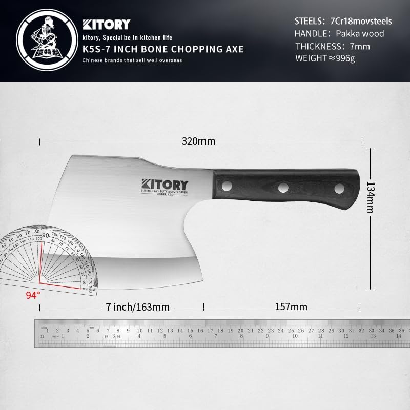 Meat Cleaver, Super Massive Heavy Duty Axe shape Kitchen Knife for Big Bones Beef Bones and Frozen Meat, bones breaker, Full Tang Butcher Knife, Black Wooden Handle