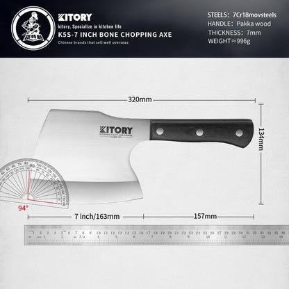 Meat Cleaver, Super Massive Heavy Duty Axe shape Kitchen Knife for Big Bones Beef Bones and Frozen Meat, bones breaker, Full Tang Butcher Knife, Black Wooden Handle