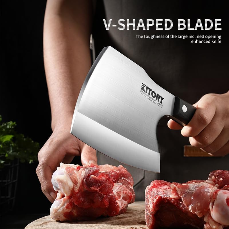 Meat Cleaver, Super Massive Heavy Duty Axe shape Kitchen Knife for Big Bones Beef Bones and Frozen Meat, bones breaker, Full Tang Butcher Knife, Black Wooden Handle